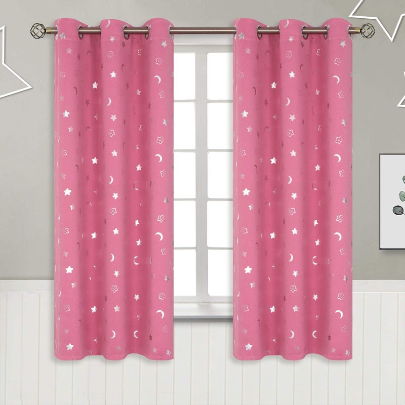 BGment Pink Curtains for Girls Bedroom, Star and Moon Blackout Curtains for Kids Babys Room 63 Inch Long, Thermal Insulated Room Darkening Window Drapes with Grommet for Nursery, 2 Panels, 42 Wide - Image 1